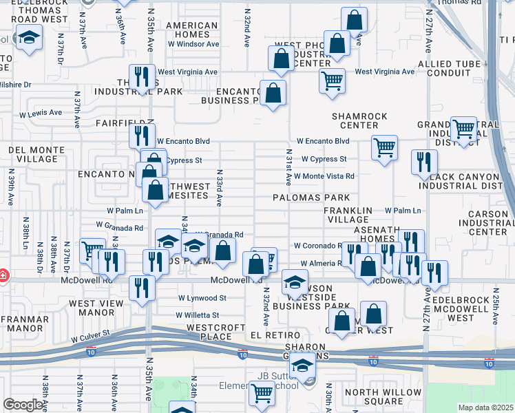 map of restaurants, bars, coffee shops, grocery stores, and more near 3204 West Palm Lane in Phoenix