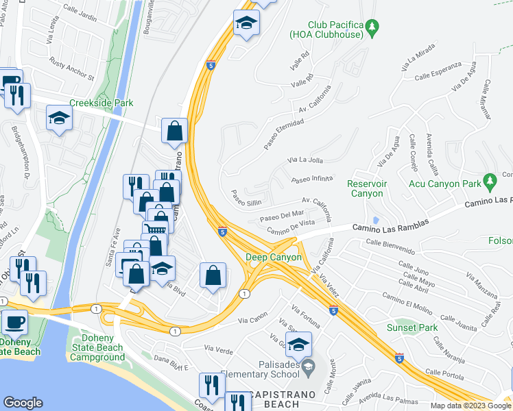 map of restaurants, bars, coffee shops, grocery stores, and more near 26350 Paseo Sillin in San Juan Capistrano