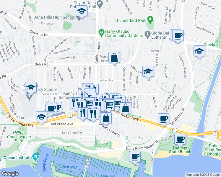 map of restaurants, bars, coffee shops, grocery stores, and more near 33935 Malaga Drive in Dana Point