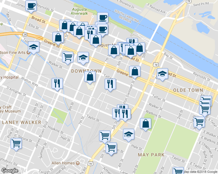 map of restaurants, bars, coffee shops, grocery stores, and more near 598 Walker Street in Augusta