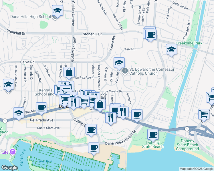 map of restaurants, bars, coffee shops, grocery stores, and more near 25062 Alicia Drive in Dana Point