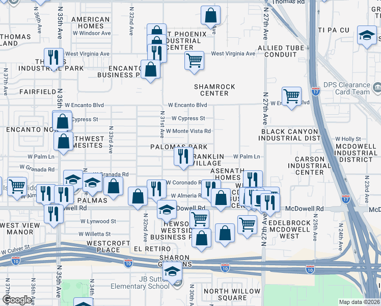 map of restaurants, bars, coffee shops, grocery stores, and more near 2946 West Palm Lane in Phoenix