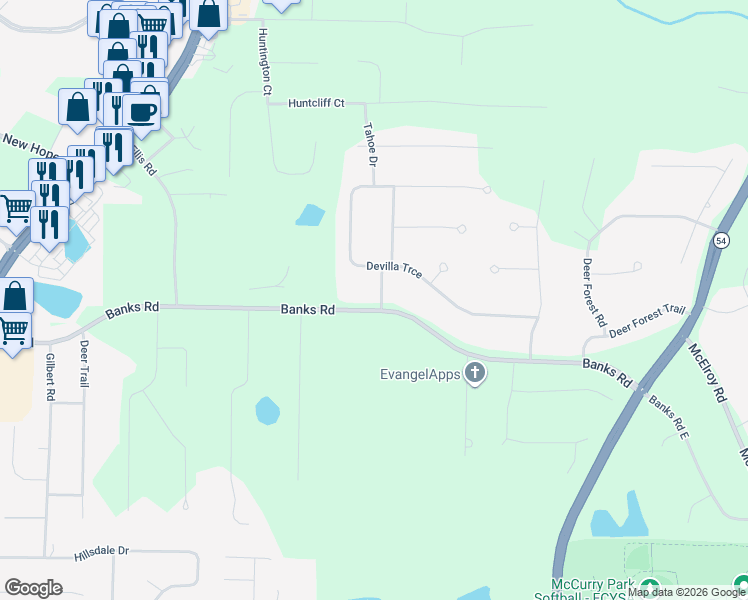 map of restaurants, bars, coffee shops, grocery stores, and more near 100 Ponderosa Trce in Fayetteville