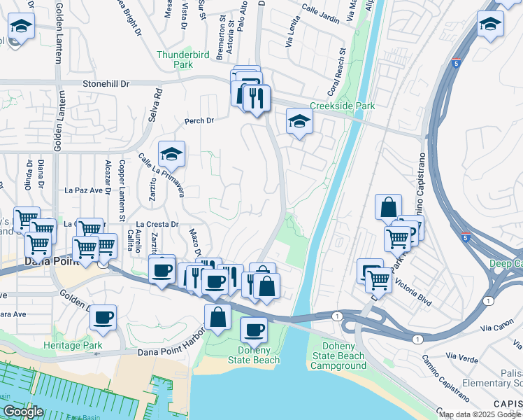 map of restaurants, bars, coffee shops, grocery stores, and more near 25382 Sea Bluffs Drive in Dana Point