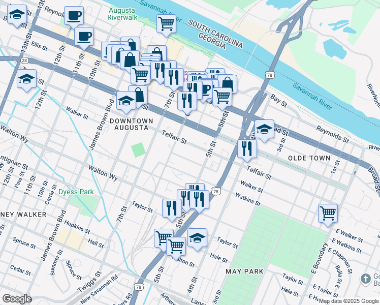 map of restaurants, bars, coffee shops, grocery stores, and more near 540 Telfair Street in Augusta