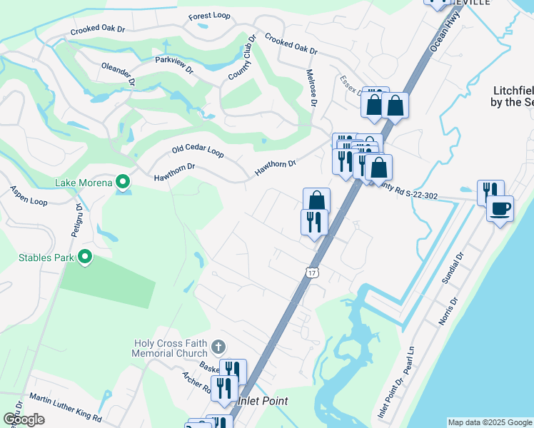 map of restaurants, bars, coffee shops, grocery stores, and more near 25 Reynolds Road in Pawleys Island