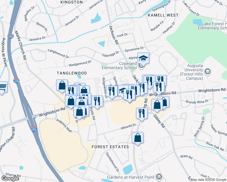 map of restaurants, bars, coffee shops, grocery stores, and more near 1421 Springview Drive in Augusta