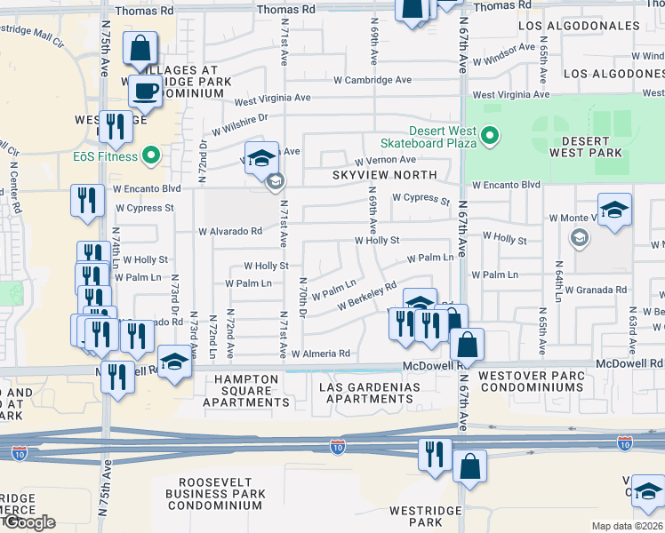 map of restaurants, bars, coffee shops, grocery stores, and more near 6949 West Hubbell Street in Phoenix