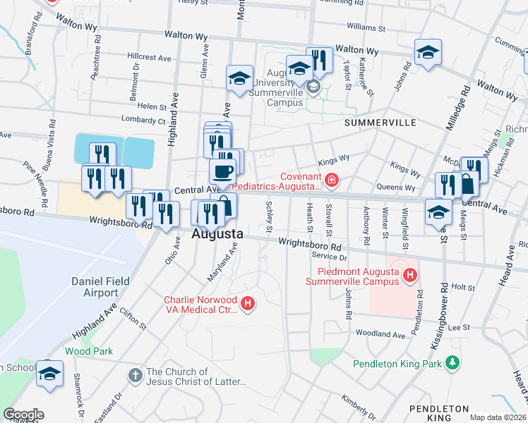 map of restaurants, bars, coffee shops, grocery stores, and more near 1533 Schley Street in Augusta