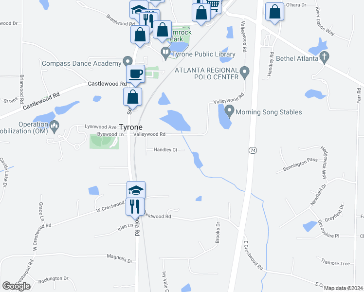 map of restaurants, bars, coffee shops, grocery stores, and more near 280 Handley Court in Tyrone