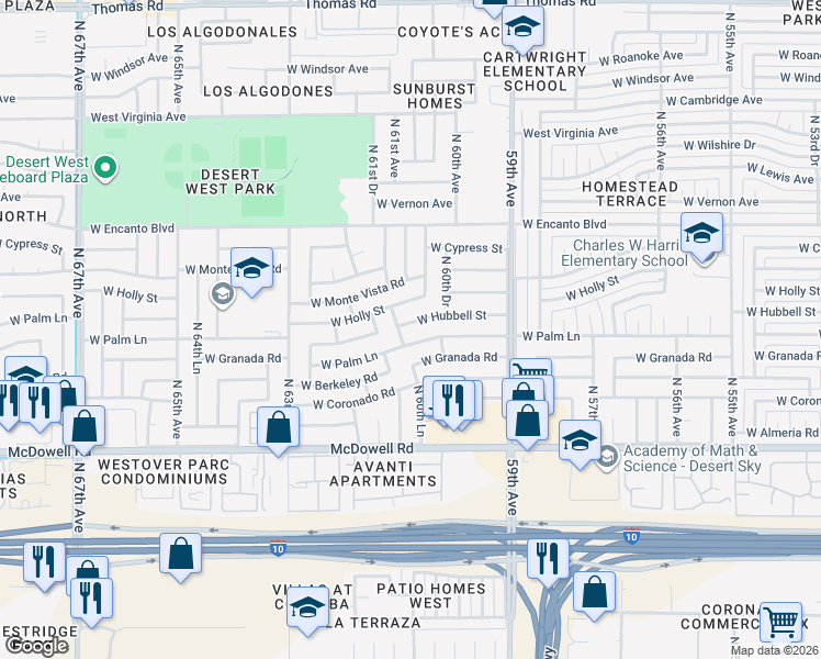 map of restaurants, bars, coffee shops, grocery stores, and more near 2004 North 61st Avenue in Phoenix