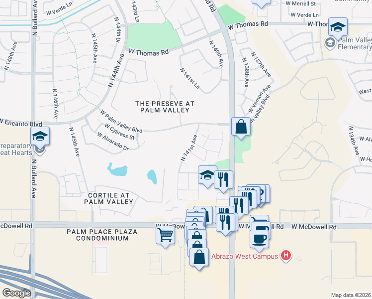 map of restaurants, bars, coffee shops, grocery stores, and more near 2028 North 141st Avenue in Goodyear