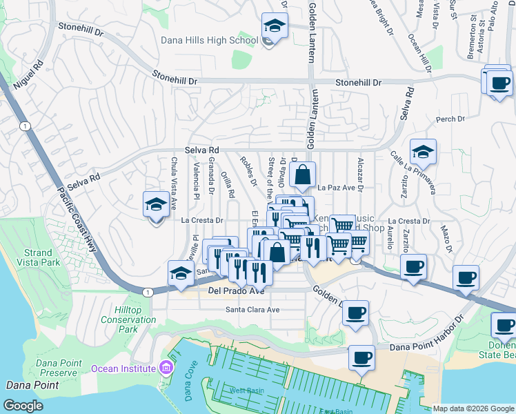 map of restaurants, bars, coffee shops, grocery stores, and more near 33932 El Encanto Avenue in Dana Point