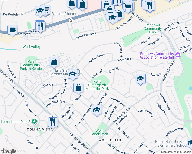 map of restaurants, bars, coffee shops, grocery stores, and more near 31515 Vía Cordoba in Temecula