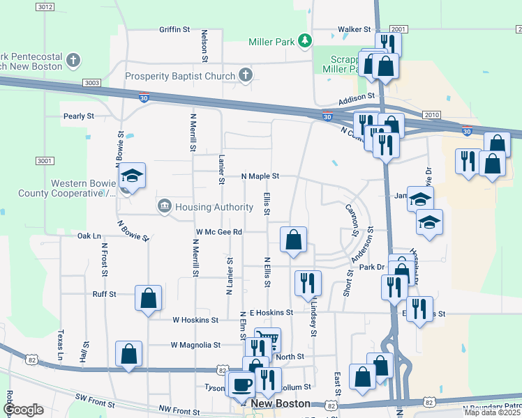 map of restaurants, bars, coffee shops, grocery stores, and more near 201 East McGee Street in New Boston