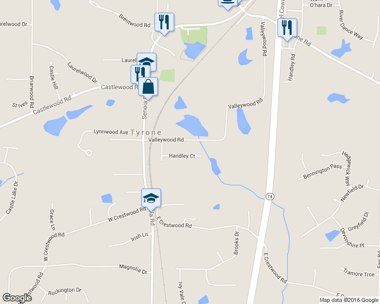 map of restaurants, bars, coffee shops, grocery stores, and more near 260 Handley Court in Tyrone