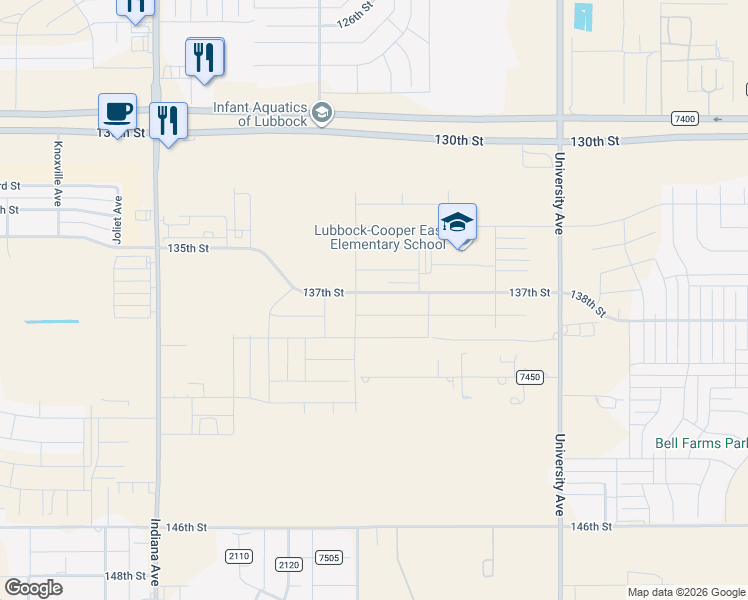map of restaurants, bars, coffee shops, grocery stores, and more near 2706 County Road 7450 in Lubbock