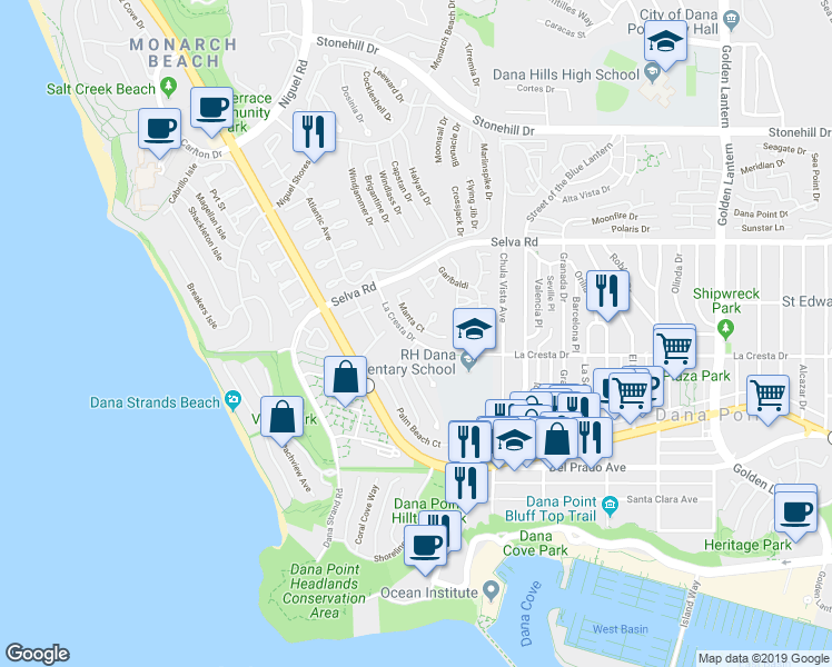 map of restaurants, bars, coffee shops, grocery stores, and more near 33945 Manta Court in Dana Point