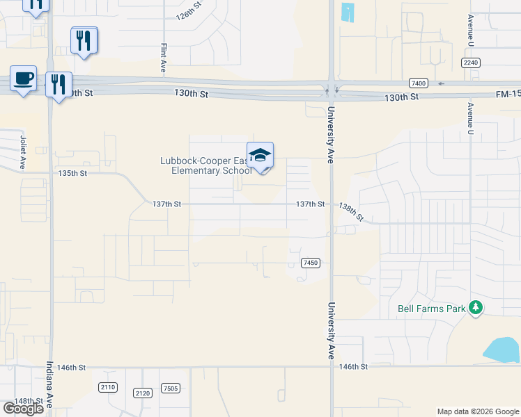 map of restaurants, bars, coffee shops, grocery stores, and more near 2706 138th Street in Lubbock