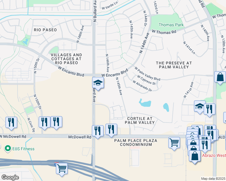 map of restaurants, bars, coffee shops, grocery stores, and more near 2100 North 145th Avenue in Goodyear