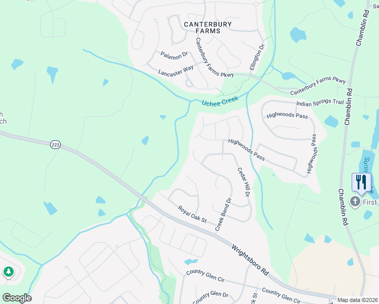 map of restaurants, bars, coffee shops, grocery stores, and more near 1265 Creek Bend Drive in Grovetown