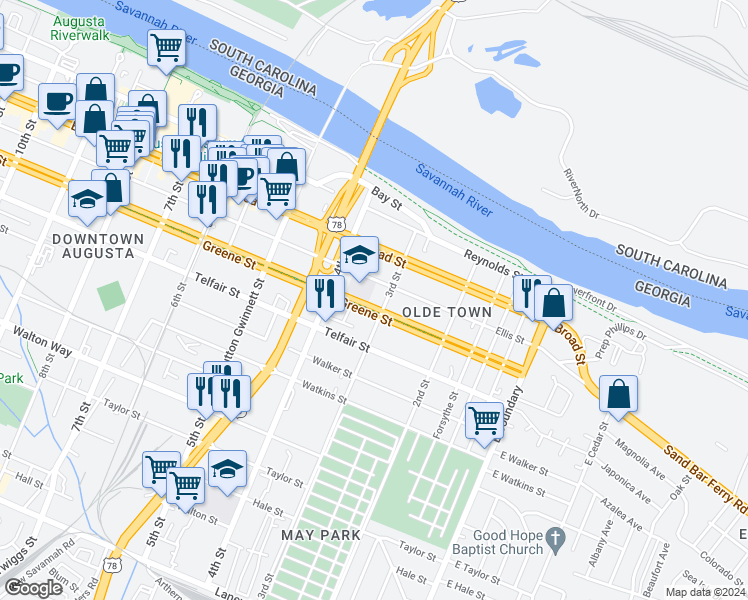 map of restaurants, bars, coffee shops, grocery stores, and more near 311 Greene Street in Augusta