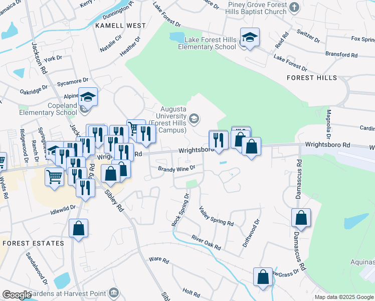 map of restaurants, bars, coffee shops, grocery stores, and more near 1701 Valley Park Court in Augusta