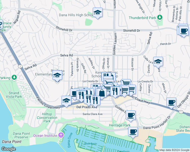 map of restaurants, bars, coffee shops, grocery stores, and more near 33932 El Encanto Avenue in Dana Point