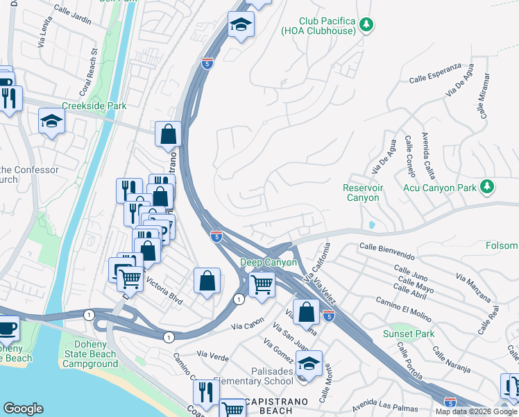 map of restaurants, bars, coffee shops, grocery stores, and more near 26380 Paseo Sillin in San Juan Capistrano