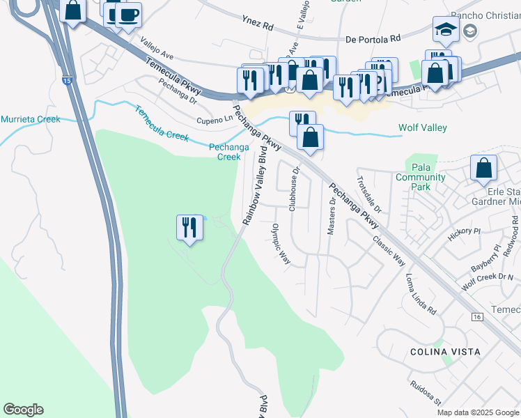 map of restaurants, bars, coffee shops, grocery stores, and more near 30523 Bayhill Drive in Temecula