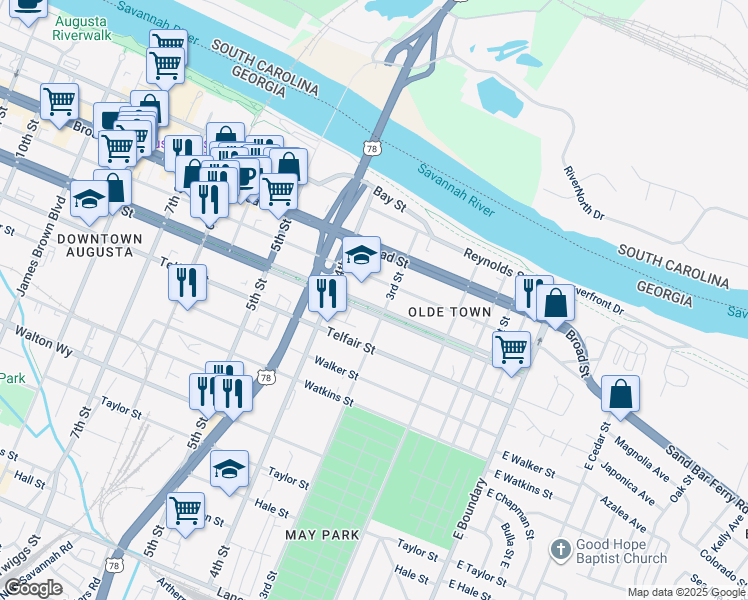 map of restaurants, bars, coffee shops, grocery stores, and more near 315 Greene Street in Augusta