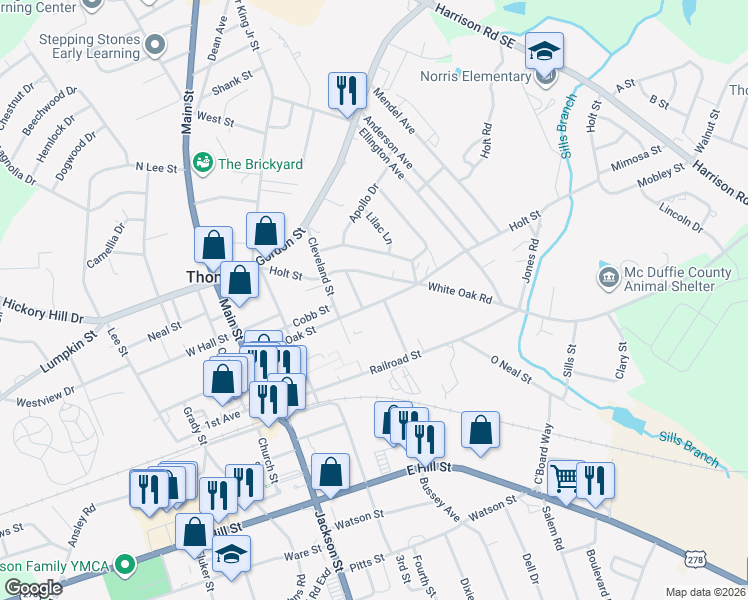 map of restaurants, bars, coffee shops, grocery stores, and more near 318 White Oak Street in Thomson