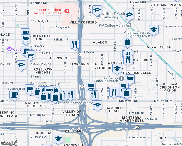 map of restaurants, bars, coffee shops, grocery stores, and more near 2011 North 21st Street in Phoenix