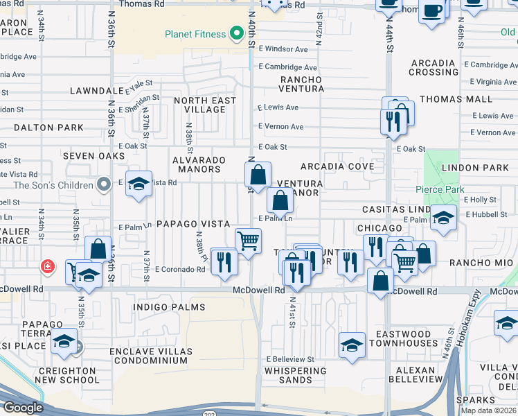 map of restaurants, bars, coffee shops, grocery stores, and more near 4018 East Palm Lane in Phoenix