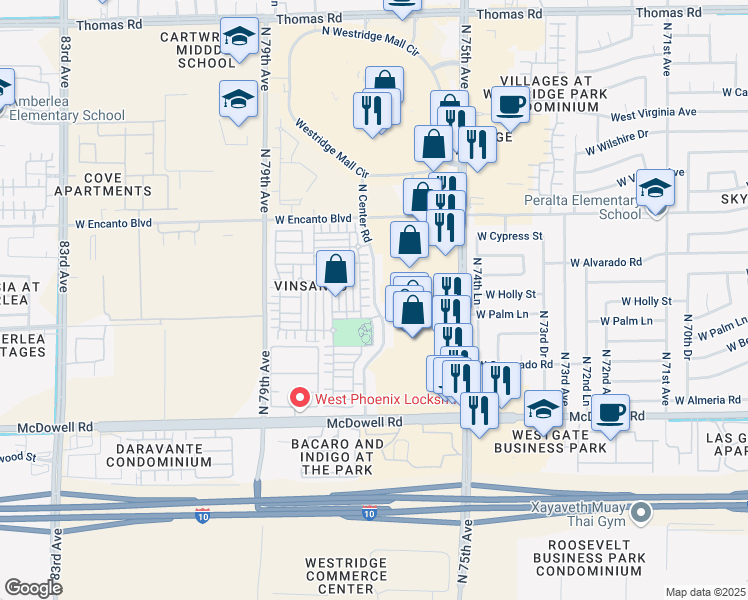 map of restaurants, bars, coffee shops, grocery stores, and more near North Center Road in Phoenix