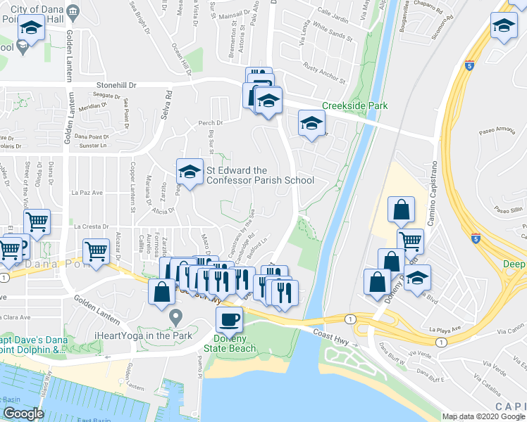 map of restaurants, bars, coffee shops, grocery stores, and more near 25411 Sea Bluffs Drive in Dana Point