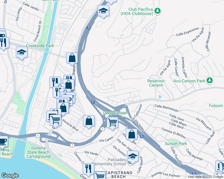 map of restaurants, bars, coffee shops, grocery stores, and more near 26350 Paseo Sillin in San Juan Capistrano