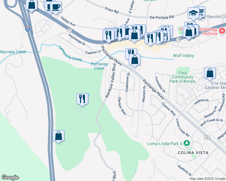 map of restaurants, bars, coffee shops, grocery stores, and more near 30523 Bayhill Drive in Temecula