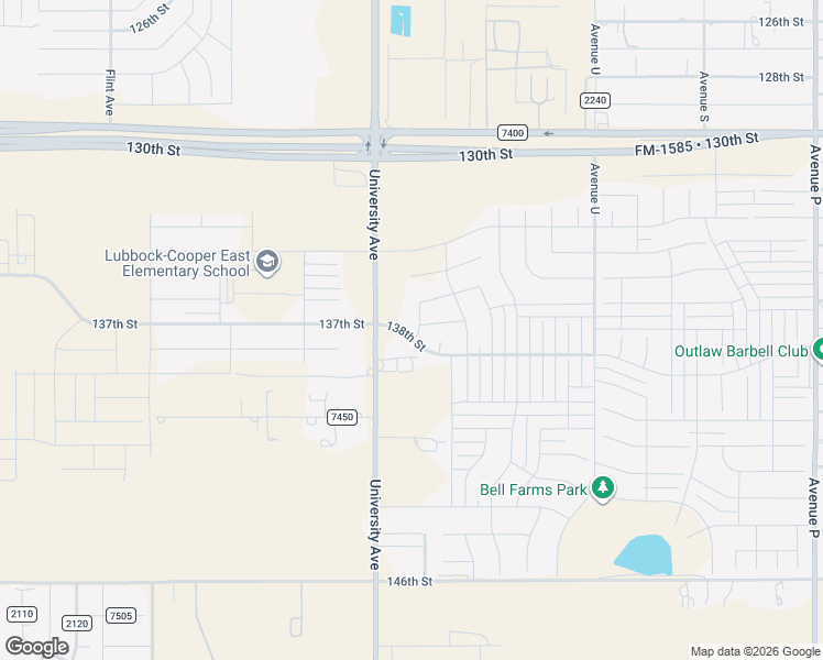 map of restaurants, bars, coffee shops, grocery stores, and more near 13101-13803 University Avenue in Lubbock