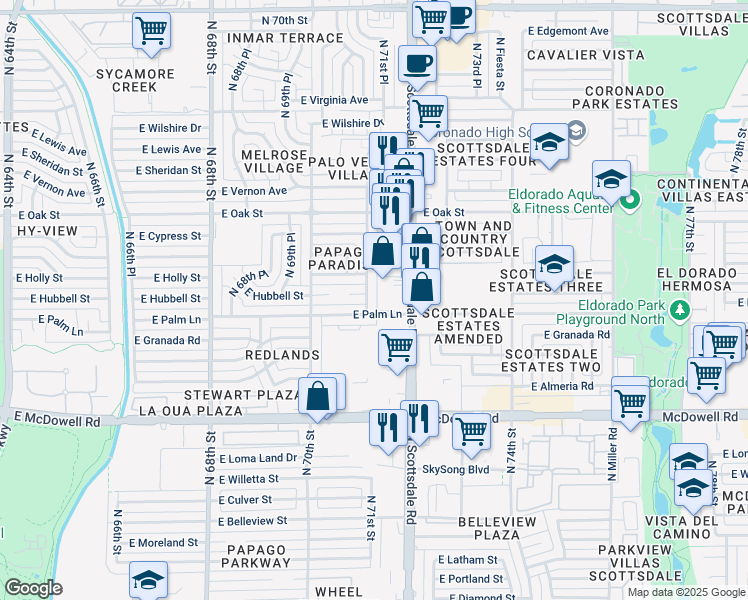 map of restaurants, bars, coffee shops, grocery stores, and more near 7038 East Palm Lane in Scottsdale
