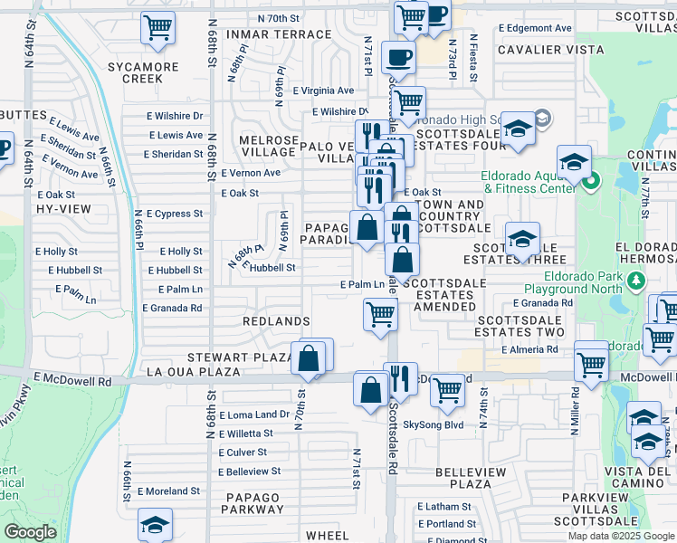 map of restaurants, bars, coffee shops, grocery stores, and more near 7038 East Palm Lane in Scottsdale
