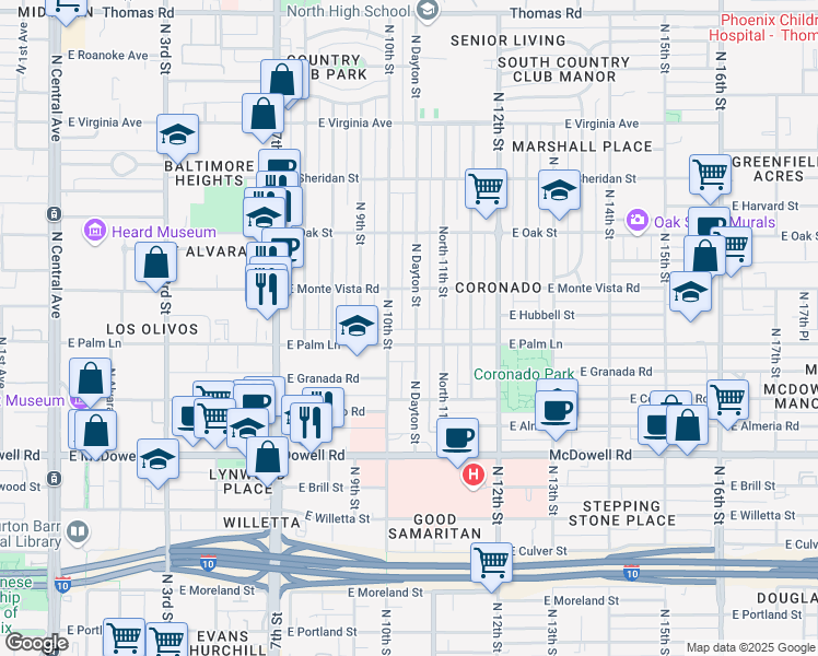 map of restaurants, bars, coffee shops, grocery stores, and more near 1002 East Palm Lane in Phoenix