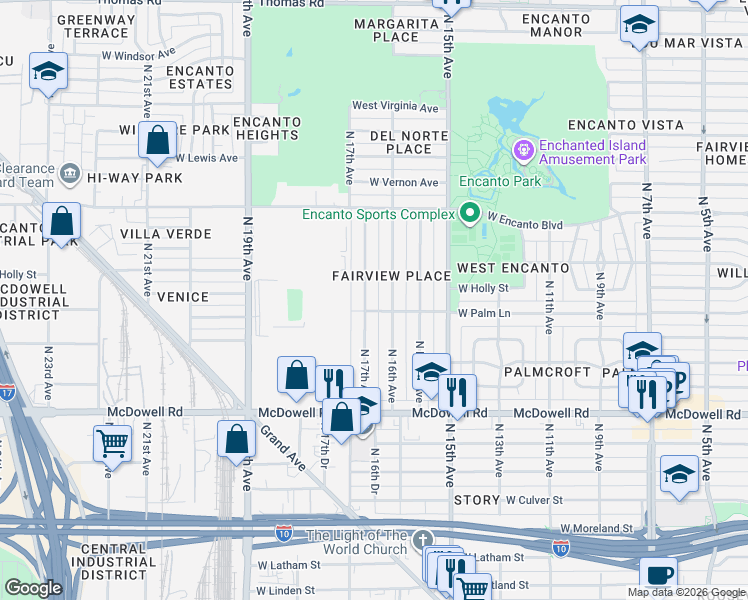 map of restaurants, bars, coffee shops, grocery stores, and more near 1615 North 17th Avenue in Phoenix