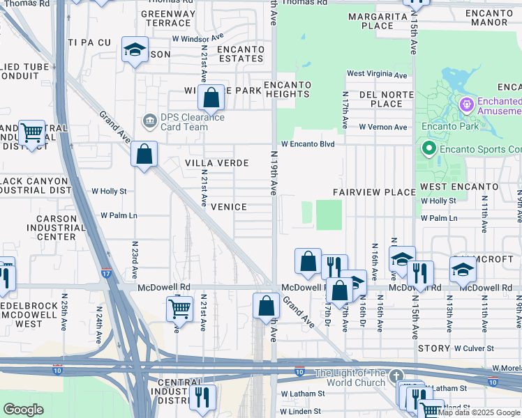 map of restaurants, bars, coffee shops, grocery stores, and more near 1912 West Palm Lane in Phoenix
