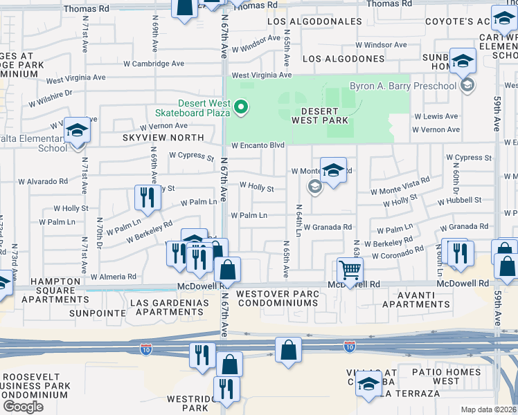 map of restaurants, bars, coffee shops, grocery stores, and more near 6550 West Palm Lane in Phoenix