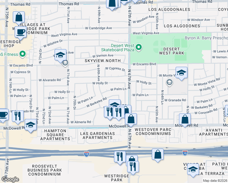 map of restaurants, bars, coffee shops, grocery stores, and more near 6834 West Berkeley Road in Phoenix