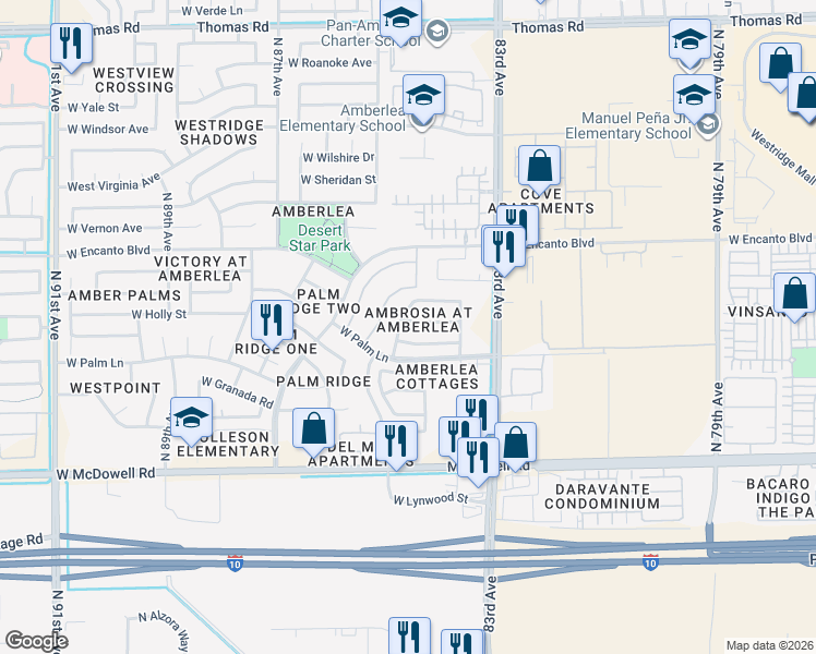 map of restaurants, bars, coffee shops, grocery stores, and more near 2018 North 84th Lane in Phoenix