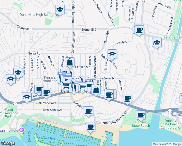 map of restaurants, bars, coffee shops, grocery stores, and more near 33962 Alcazar Drive in Dana Point