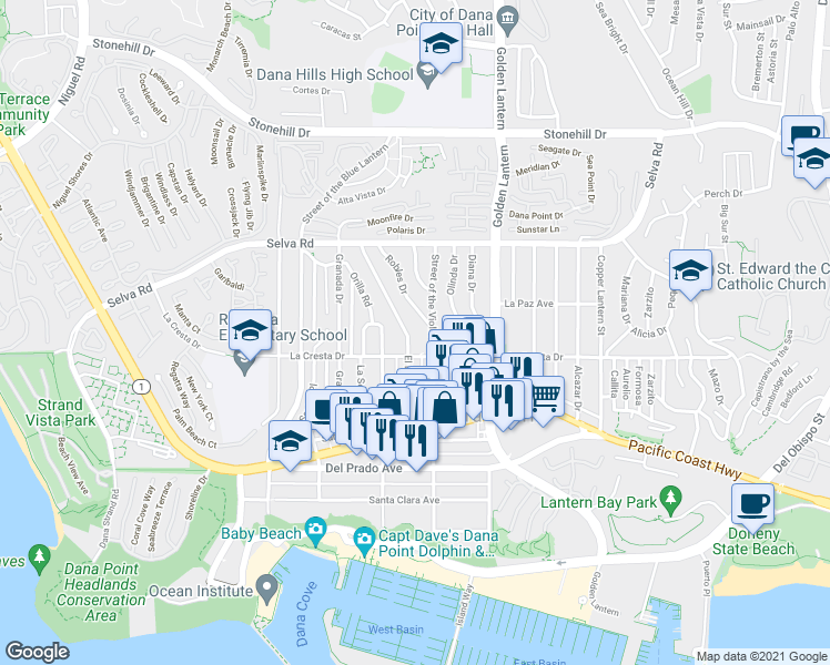 map of restaurants, bars, coffee shops, grocery stores, and more near 33961 Street of the Violet Lantern in Dana Point
