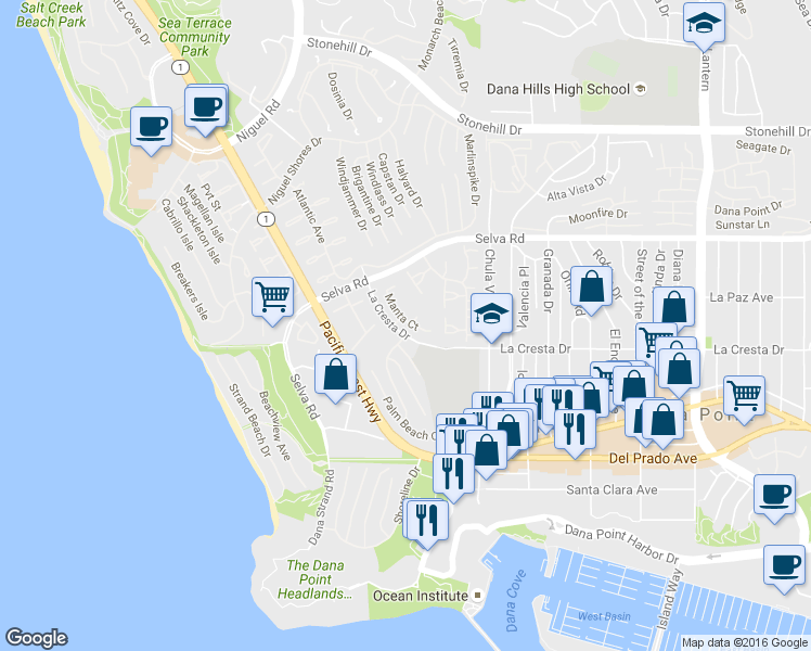 map of restaurants, bars, coffee shops, grocery stores, and more near 33945 Manta Court in Dana Point